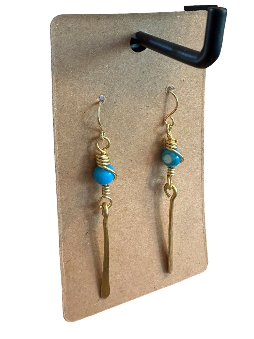 Brass Hammered Boho Drop Earrings Blue Natural Shell Beads 14kGold Hooks Jewelry - Picture 2 of 3